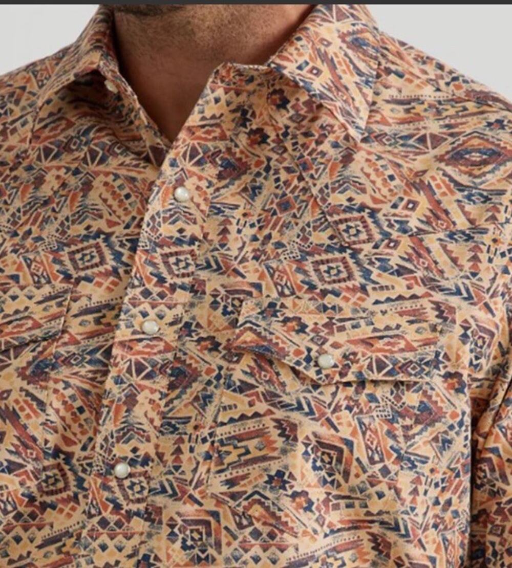 Wrangler Western Shirt XL Khaki Aztec Pearl Snap Rodeo Southwest Horse Roping